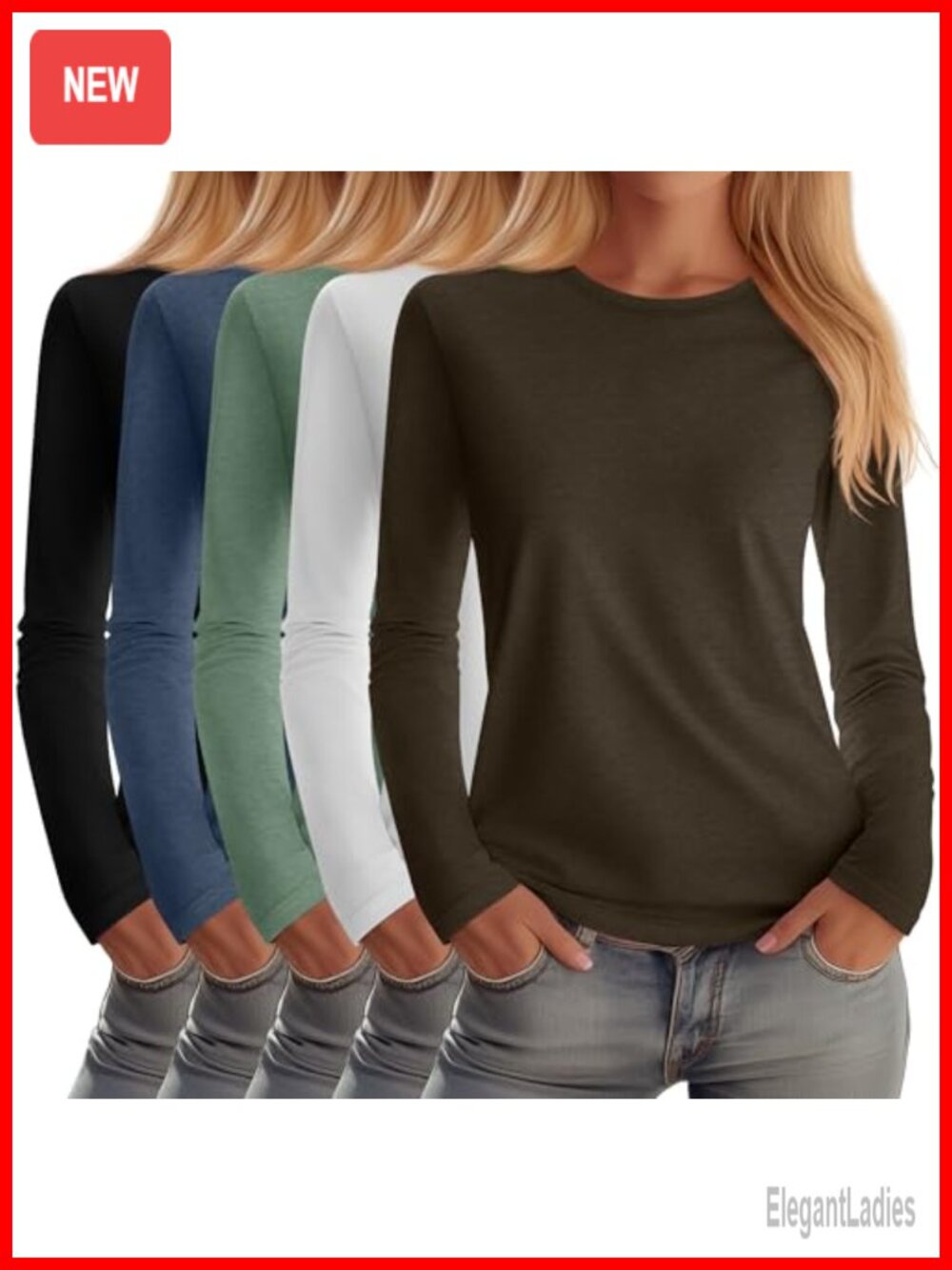 5 Pack Women's Crew Neck Long Sleeve Cotton Blend T-Shirts